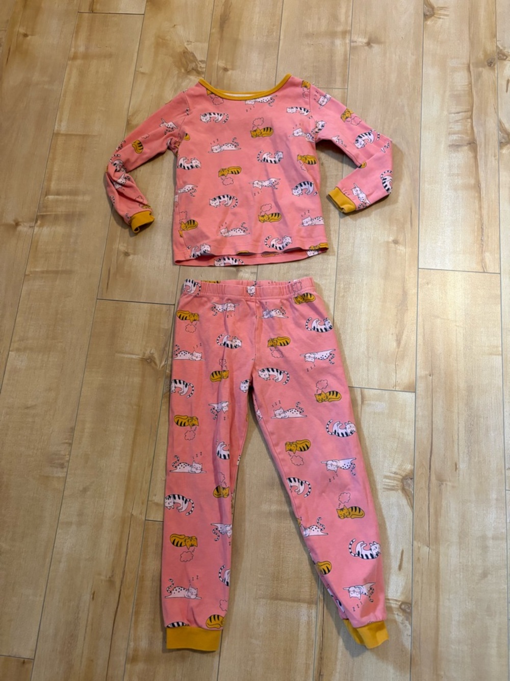 Girls Pink Tiger Print Long-Sleeve Pajama Set with Yellow Trim
